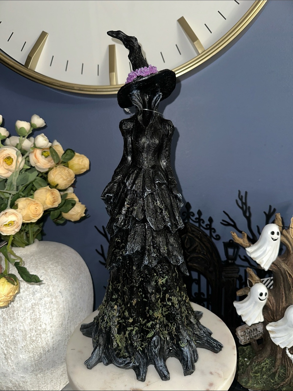 Black Witch tree Figurine with Purple Hat Band